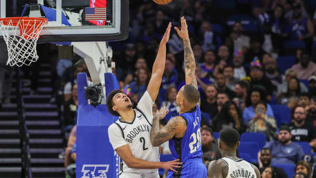Orlando Magic guard Markelle Fultz (20) shoots the ball against Brooklyn Nets forward Cameron Johnson (2)